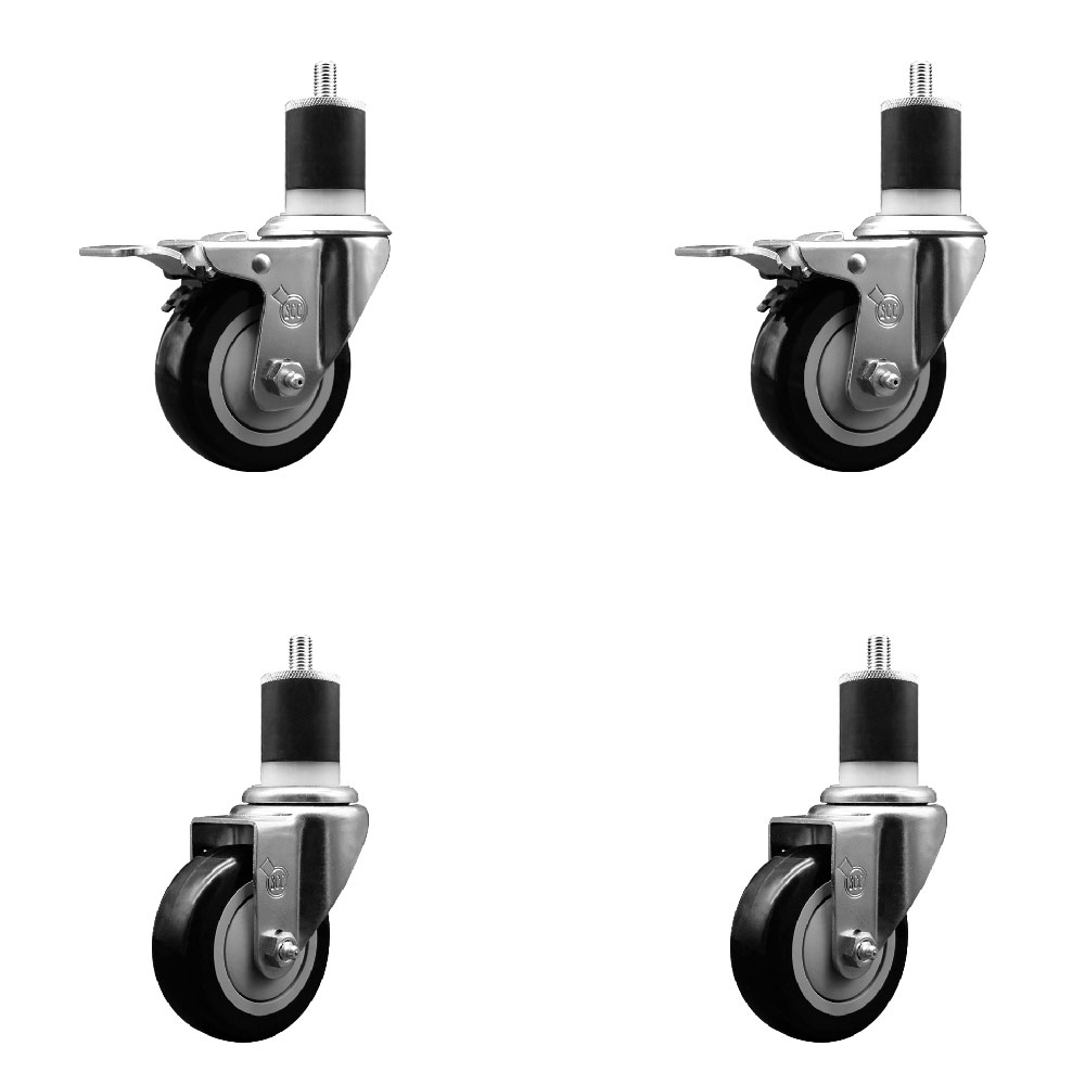 Stainless Steel Polyurethane Swivel Expanding Stem Caster Set of 4 with 3.5 Inch Black Wheels and 1-7/8" Stems - Includes 2 with Total Locking Brakes - 1200 lbs Total Capacity - Service Caster Brand — photo 1