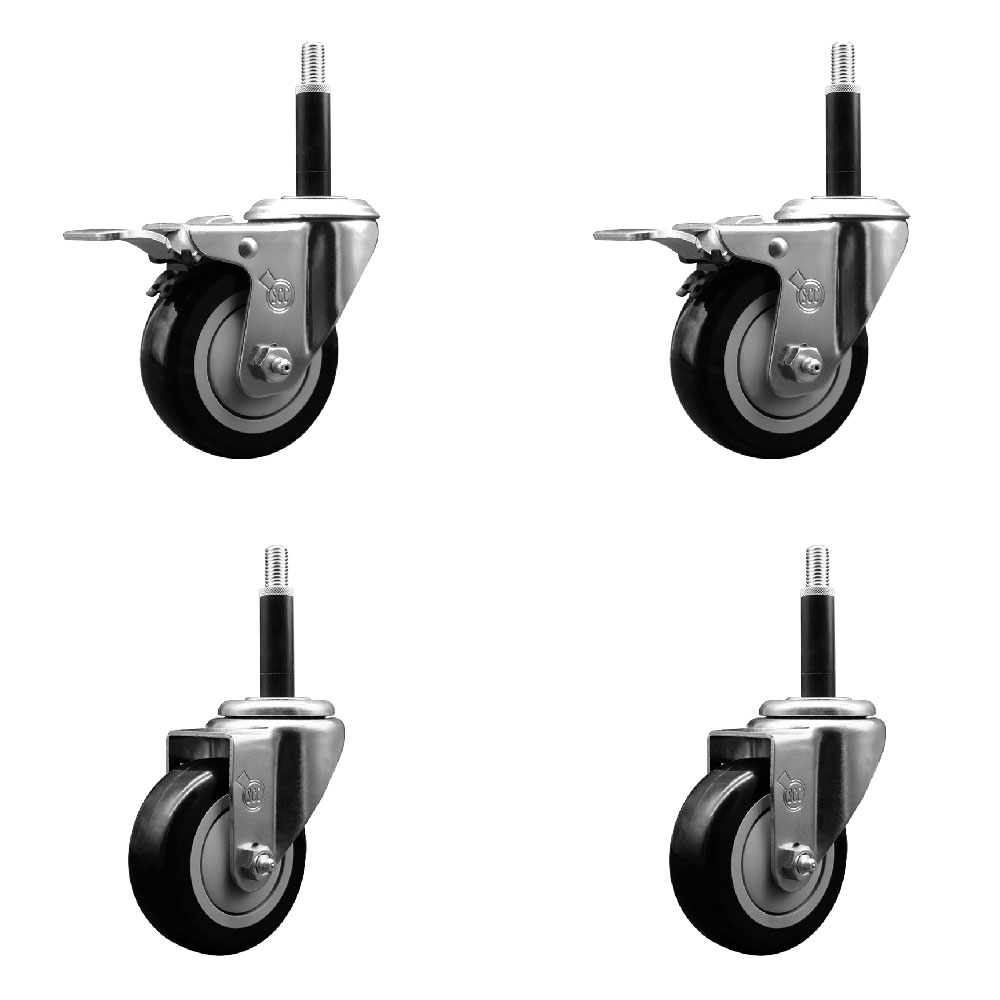 Stainless Steel Polyurethane Swivel Expanding Stem Caster Set of 4 with 3.5 Inch Black Wheels and 3/4" Stems - Includes 2 with Total Locking Brakes - 1200 lbs Total Capacity - Service Caster Brand — photo 1