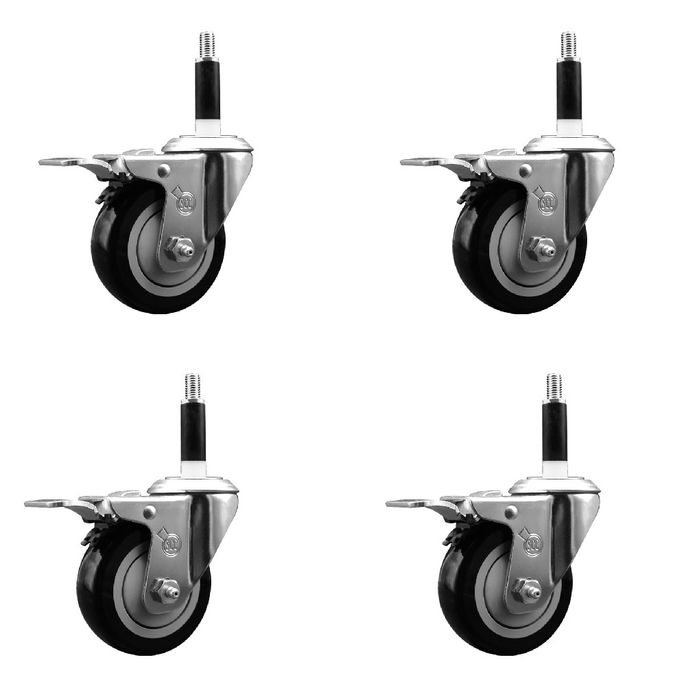Stainless Steel Polyurethane Swivel Expanding Stem Caster Set of 4 with 3.5 Inch Black Wheels and 7/8" Stems - 4 Swivel with Total Locking Brakes - 300 lbs. Capacity Per Caster - Service Caster Brand — photo 1