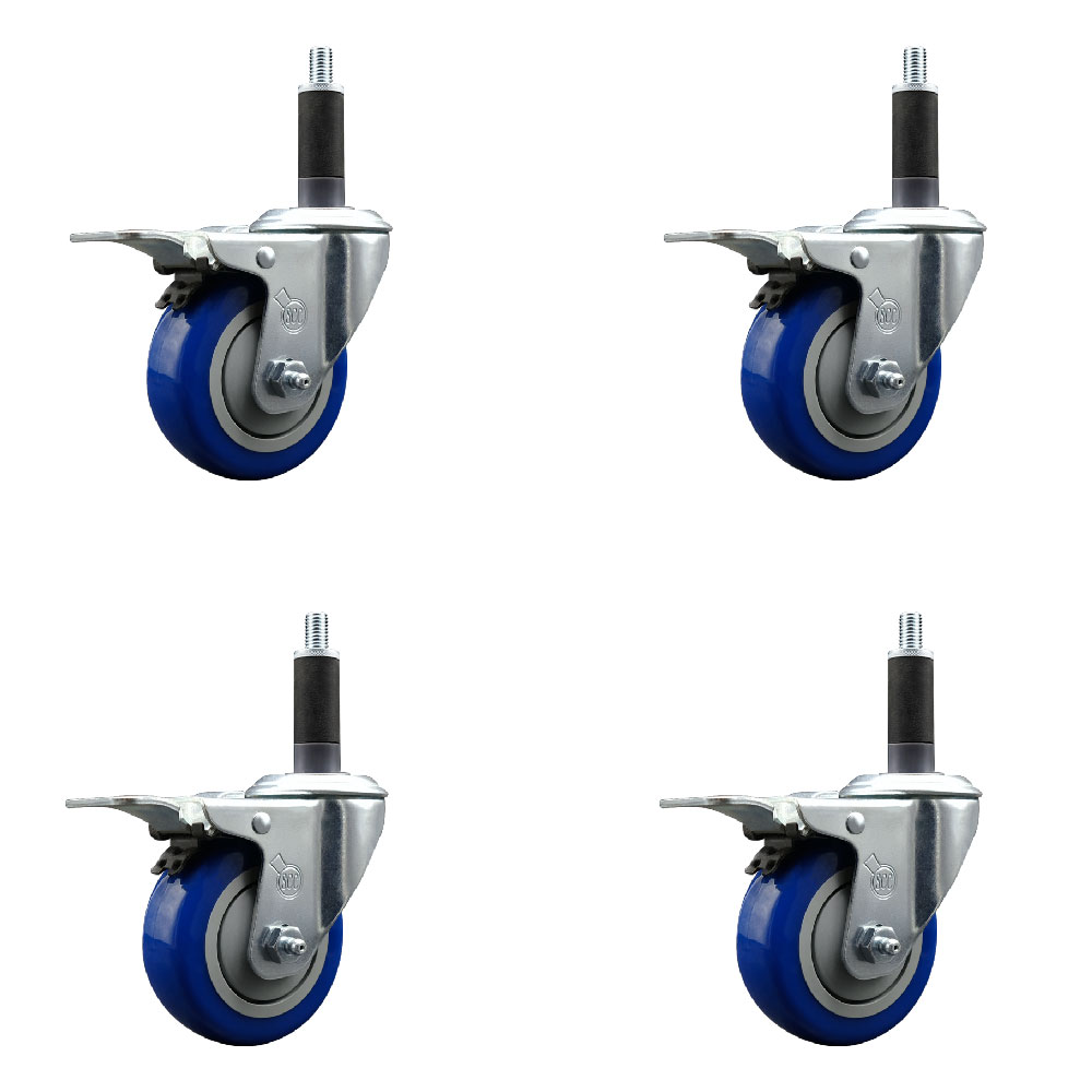 Stainless Steel Polyurethane Swivel Expanding Stem Caster Set of 4 with 3.5 Inch Blue Wheels and 1" Stems - 4 Swivel with Total Locking Brakes - 300 lbs. Capacity Per Caster - Service Caster Brand — photo 1
