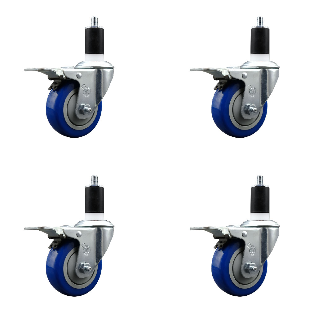 Polyurethane Swivel Expanding Stem Caster Set of 4 with 3.5 Inch Blue Wheels and 1-1/2" Stems - Includes 4 Swivel with Total Locking Brakes - 300 lbs. Capacity Per Caster - Service Caster Brand — photo 1