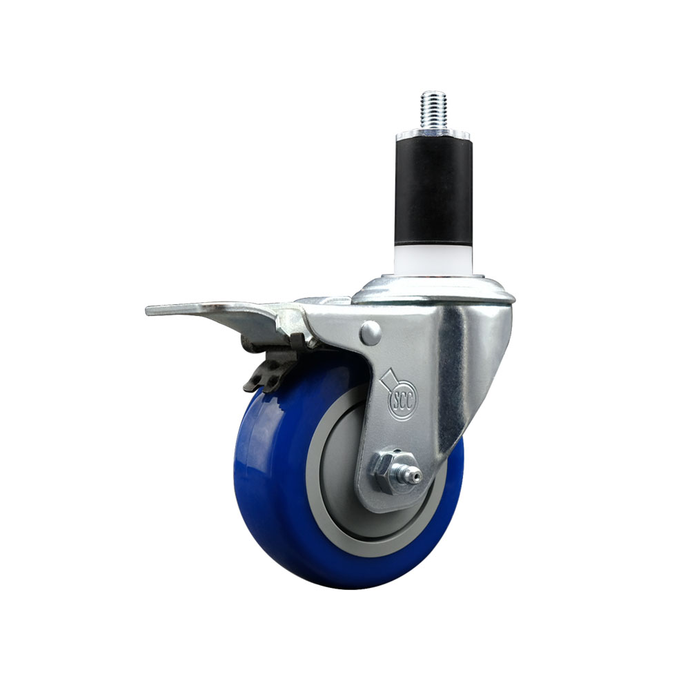 Stainless Steel Polyurethane Expanding Stem Swivel Caster with 3.5 Inch Blue Wheel and 1-1/4" Stem & Total Locking Brake - 300 lbs. Capacity Per Caster - Service Caster Brand — photo 1