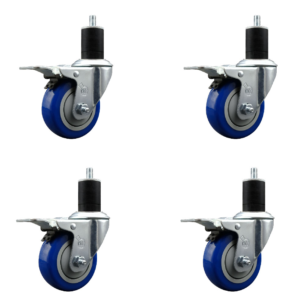 Polyurethane Swivel Expanding Stem Caster Set of 4 with 3.5 Inch Blue Wheels and 1-3/4" Stems - Includes 4 Swivel with Total Locking Brakes - 300 lbs. Capacity Per Caster - Service Caster Brand — photo 1