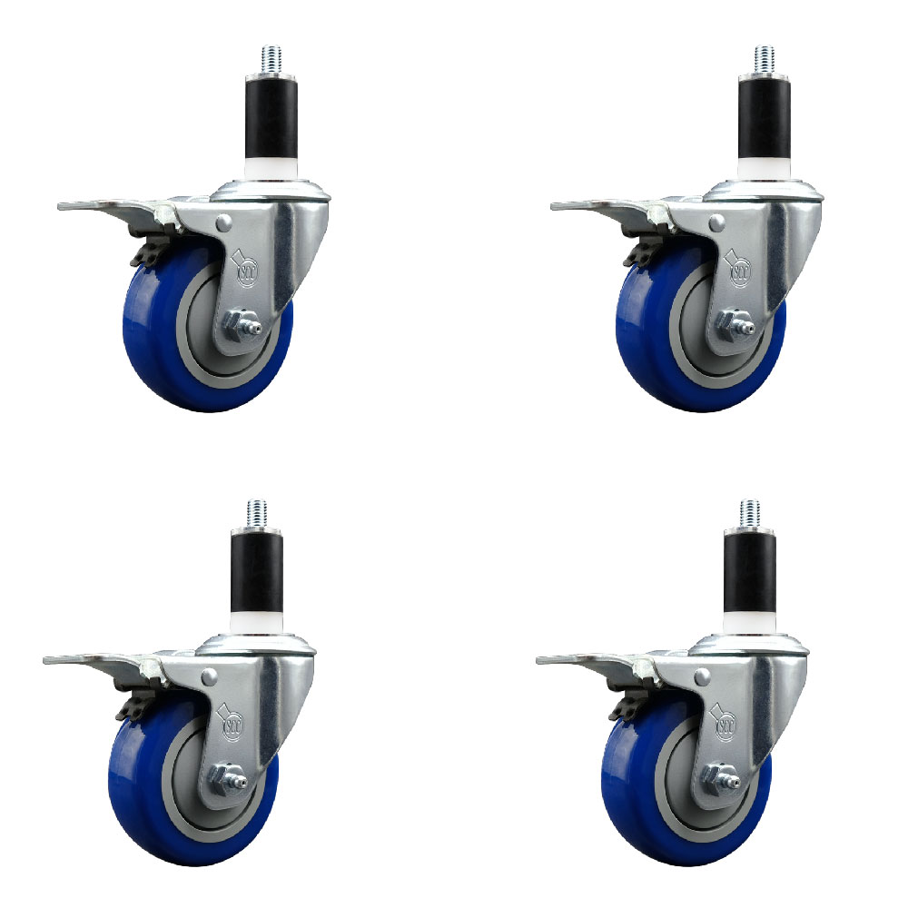 Polyurethane Swivel Expanding Stem Caster Set of 4 with 3.5 Inch Blue Wheels and 1-3/8" Stems - Includes 4 Swivel with Total Locking Brakes - 300 lbs. Capacity Per Caster - Service Caster Brand — photo 1