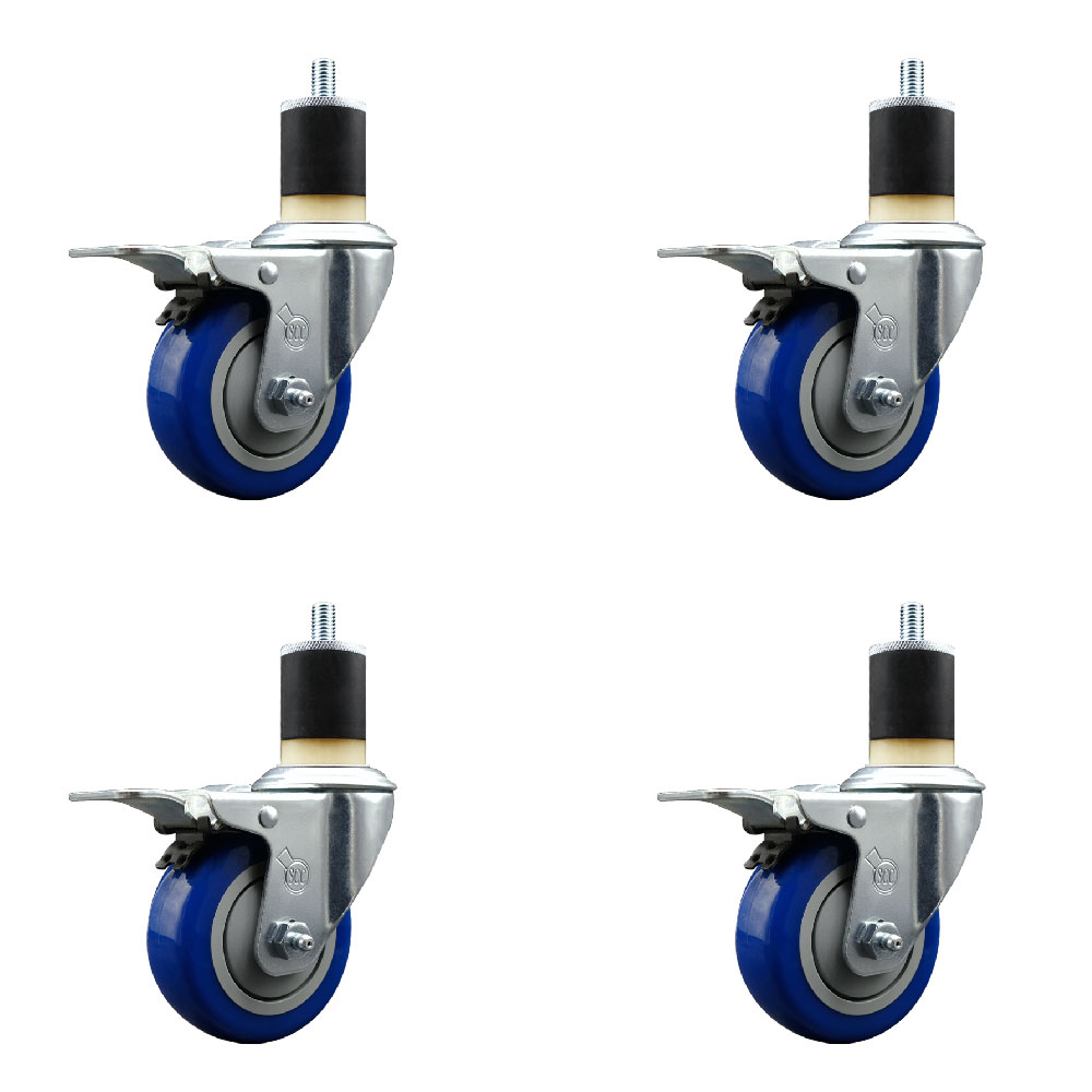 Polyurethane Swivel Expanding Stem Caster Set of 4 with 3.5 Inch Blue Wheels and 1-7/8" Stems - Includes 4 Swivel with Total Locking Brakes - 300 lbs. Capacity Per Caster - Service Caster Brand — photo 1