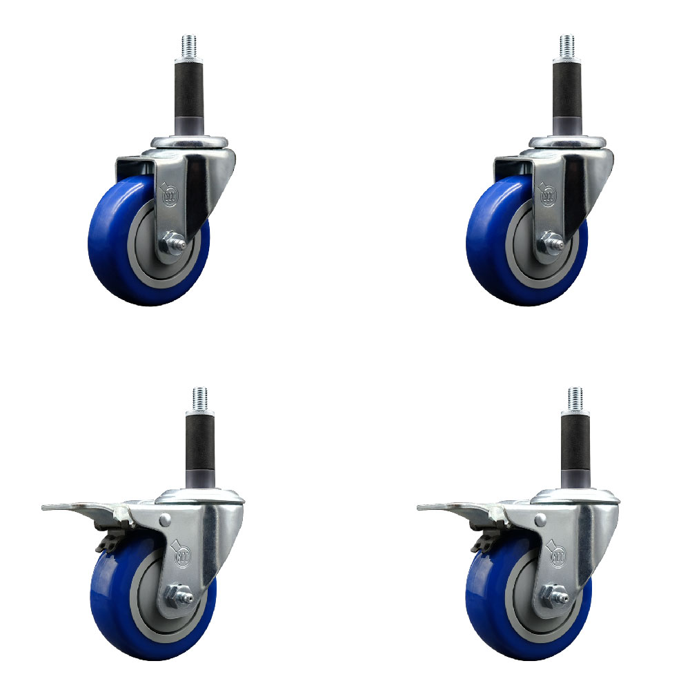Stainless Steel Polyurethane Swivel Expanding Stem Caster Set of 4 with 3.5 Inch Blue Wheels and 1" Stems - Includes 2 with Total Locking Brakes - 1200 lbs Total Capacity - Service Caster Brand — photo 1