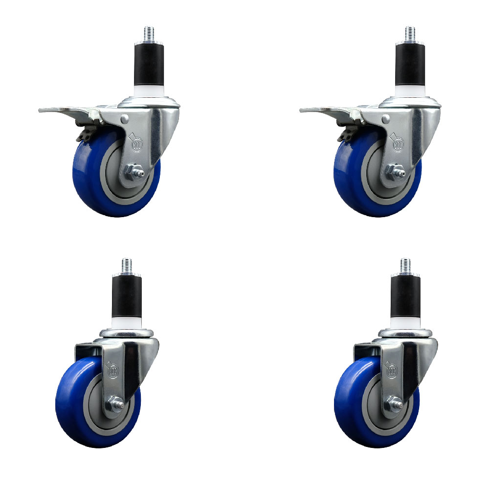 Polyurethane Swivel Expanding Stem Caster Set of 4 with 3.5 Inch Blue Wheels and 1-1/2" Stems - Includes 2 with Total Locking Brakes - 1200 lbs Total Capacity - Service Caster Brand — photo 1