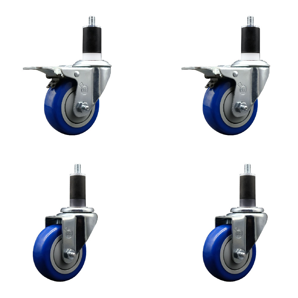 Stainless Steel Polyurethane Swivel Expanding Stem Caster Set of 4 with 3.5 Inch Blue Wheels and 1-1/4" Stems - Includes 2 with Total Locking Brakes - 1200 lbs Total Capacity - Service Caster Brand — photo 1