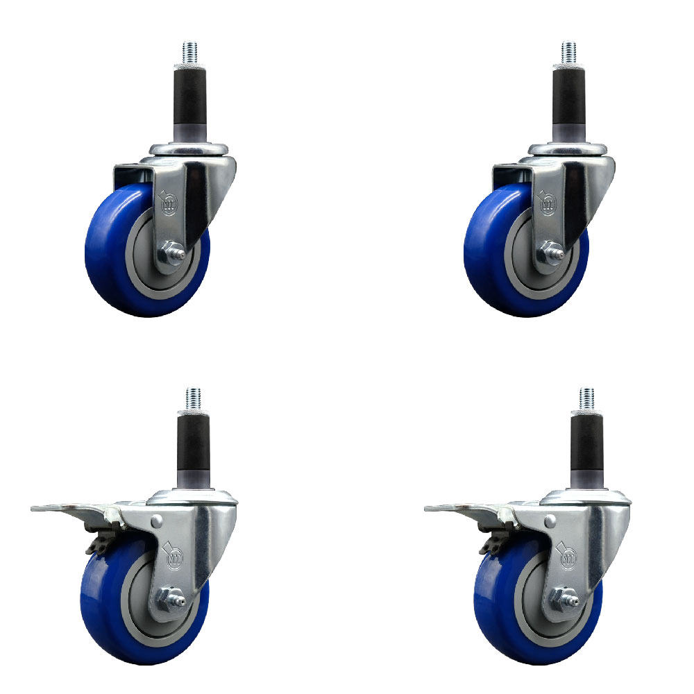 Stainless Steel Polyurethane Swivel Expanding Stem Caster Set of 4 with 3.5 Inch Blue Wheels and 1-1/8" Stems - Includes 2 with Total Locking Brakes - 1200 lbs Total Capacity - Service Caster Brand — photo 1