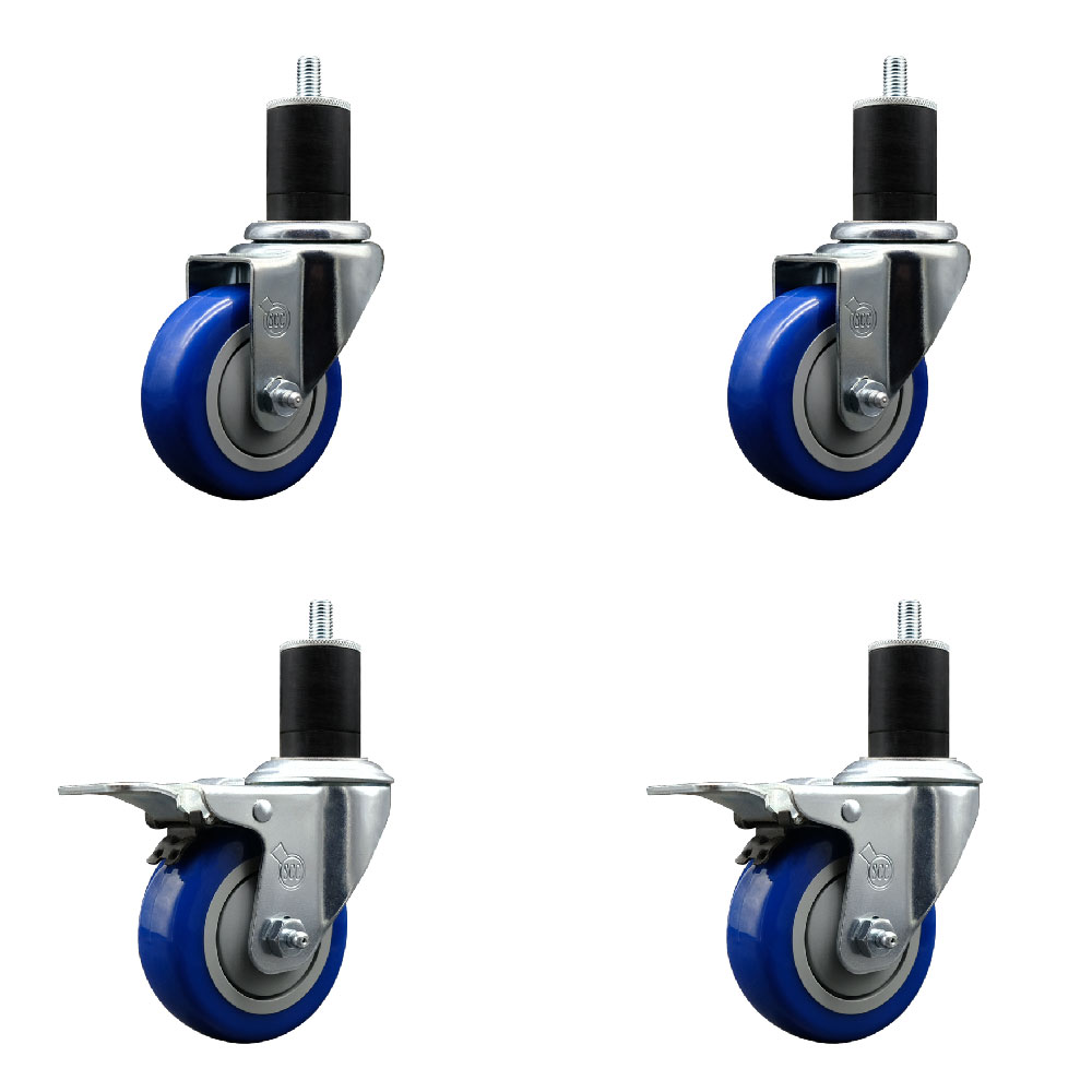 Polyurethane Swivel Expanding Stem Caster Set of 4 with 3.5 Inch Blue Wheels and 1-3/4" Stems - Includes 2 with Total Locking Brakes - 1200 lbs Total Capacity - Service Caster Brand — photo 1