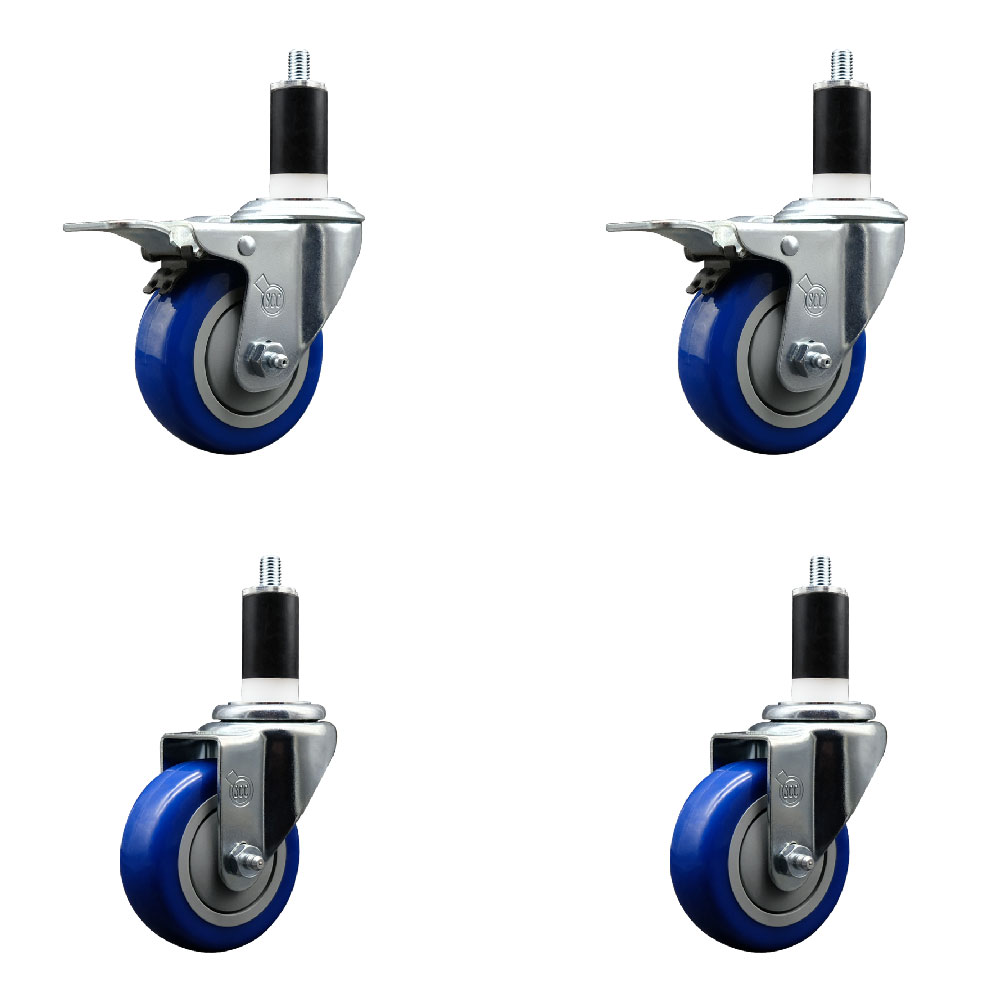 Polyurethane Swivel Expanding Stem Caster Set of 4 with 3.5 Inch Blue Wheels and 1-3/8" Stems - Includes 2 with Total Locking Brakes - 1200 lbs Total Capacity - Service Caster Brand — photo 1