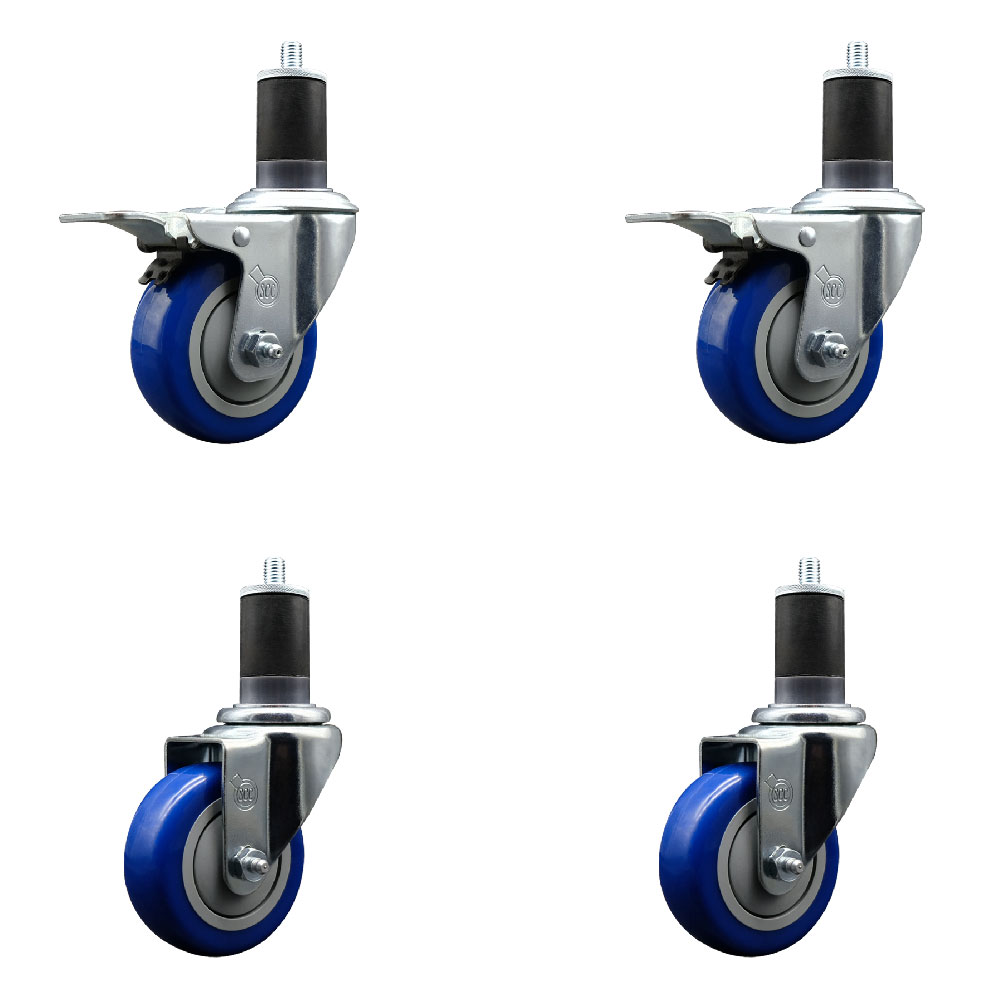 Stainless Steel Polyurethane Swivel Expanding Stem Caster Set of 4 with 3.5 Inch Blue Wheels and 1-5/8" Stems - Includes 2 with Total Locking Brakes - 1200 lbs Total Capacity - Service Caster Brand — photo 1
