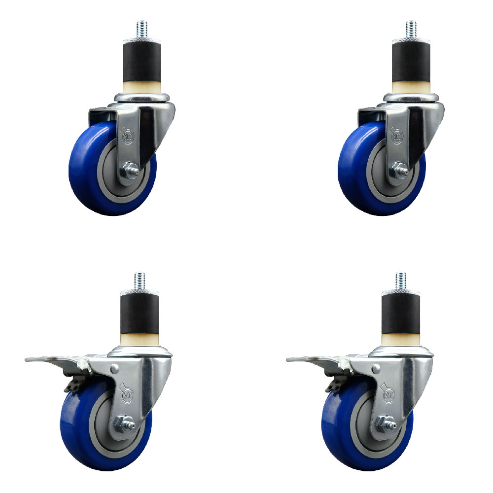 Stainless Steel Polyurethane Swivel Expanding Stem Caster Set of 4 with 3.5 Inch Blue Wheels and 1-7/8" Stems - Includes 2 with Total Locking Brakes - 1200 lbs Total Capacity - Service Caster Brand — photo 1