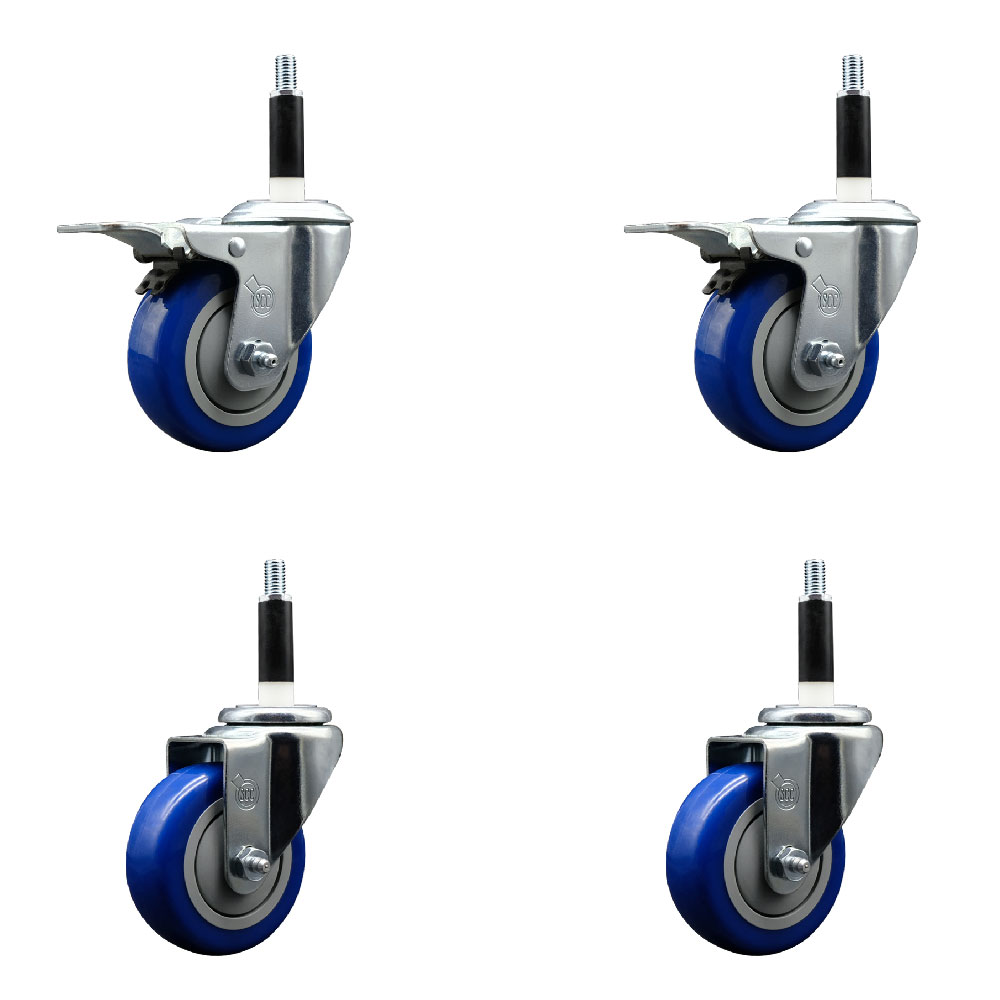 Polyurethane Swivel Expanding Stem Caster Set of 4 with 3.5 Inch Blue Wheels and 7/8" Stems - Includes 2 with Total Locking Brakes - 1200 lbs Total Capacity - Service Caster Brand — photo 1