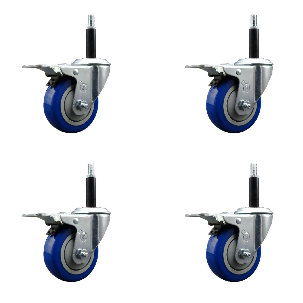 Polyurethane Swivel Expanding Stem Caster Set of 4 with 3.5 Inch Blue Wheels and 3/4" Stems - Includes 4 Swivel with Total Locking Brakes - 300 lbs. Capacity Per Caster - Service Caster Brand — photo 1