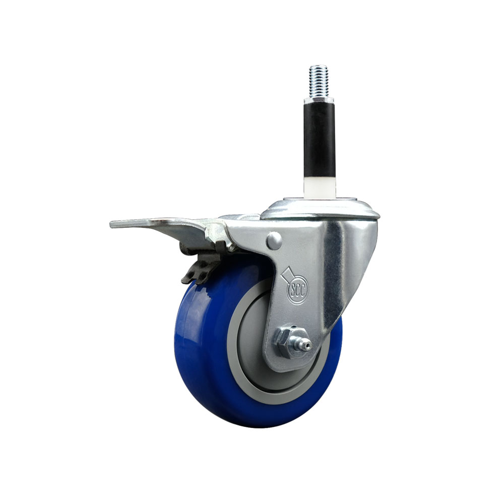 Stainless Steel Polyurethane Expanding Stem Swivel Caster with 3.5 Inch Blue Wheel and 7/8" Stem & Total Locking Brake - 300 lbs. Capacity Per Caster - Service Caster Brand — photo 1