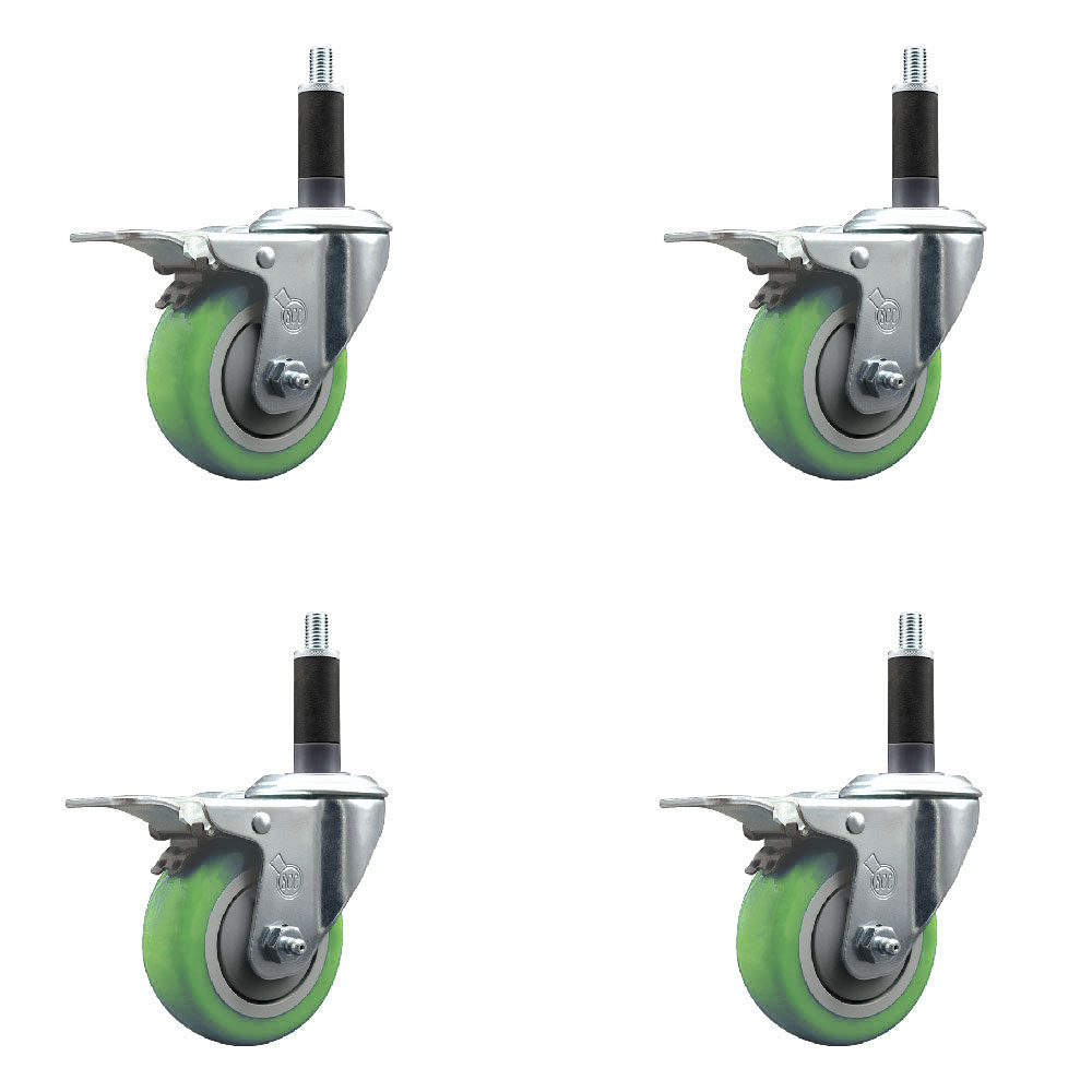 Stainless Steel Polyurethane Swivel Expanding Stem Caster Set of 4 with 3.5 Inch Green Wheels and 1" Stems-Includes 4 Swivel with Total Locking Brakes-300 lbs. Capacity Per Caster-Service Caster Brand — photo 1