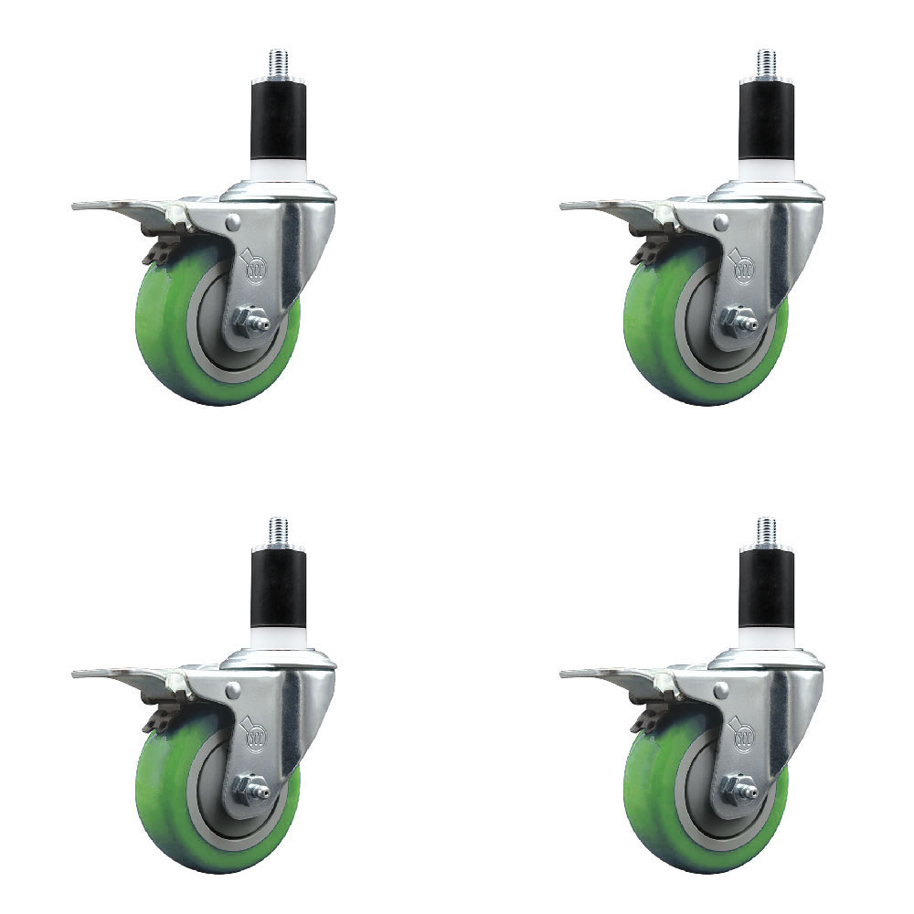 Stainless Steel Polyurethane Swivel Expanding Stem Caster Set of 4 with 3.5 Inch Green Wheel and 1-1/2" Stems-Include 4 Swivel with Total Locking Brake-300lbs. Capacity Per Caster-Service Caster Brand — photo 1