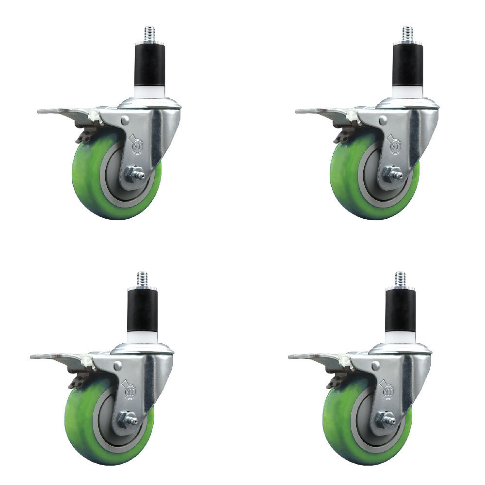 Polyurethane Swivel Expanding Stem Caster Set of 4 with 3.5 Inch Green Wheels and 1-1/4" Stems - Includes 4 Swivel with Total Locking Brakes - 300 lbs. Capacity Per Caster - Service Caster Brand — photo 1