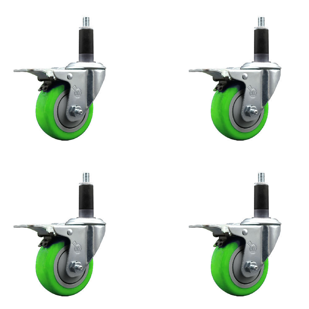 Stainless Steel Polyurethane Swivel Expanding Stem Caster Set of 4 with 3.5 Inch Green Wheel and 1-1/8" Stems-Include 4 Swivel with Total Locking Brake-300lbs. Capacity Per Caster-Service Caster Brand — photo 1
