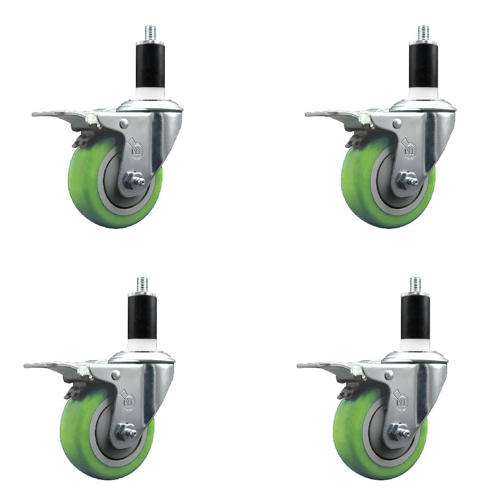 Stainless Steel Polyurethane Swivel Expanding Stem Caster Set of 4 with 3.5 Inch Green Wheel and 1-3/8" Stems-Include 4 Swivel with Total Locking Brake-300lbs. Capacity Per Caster-Service Caster Brand — photo 1