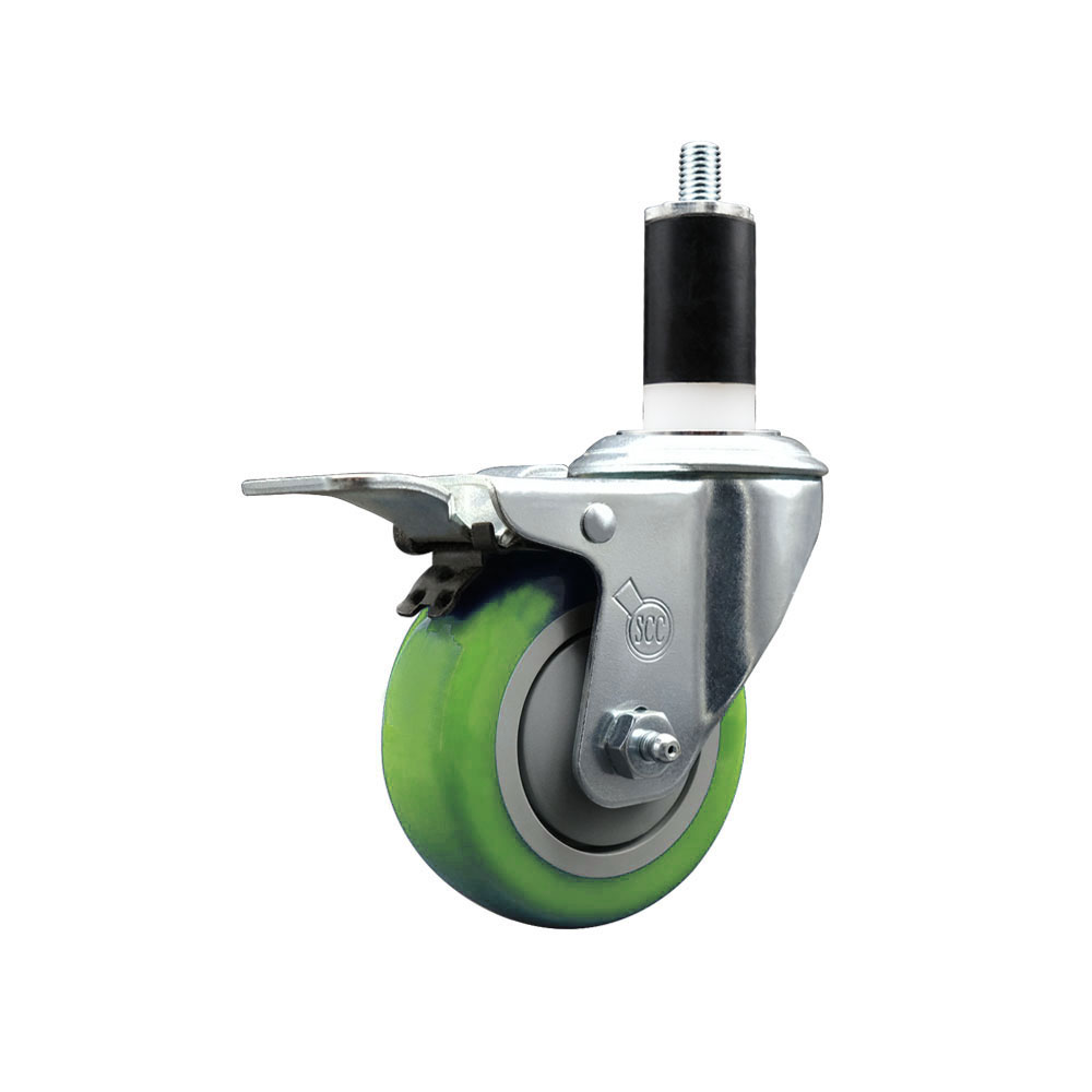 Stainless Steel Polyurethane Expanding Stem Swivel Caster with 3.5 Inch Green Wheel and 1-3/8" Stem & Total Locking Brake - 300 lbs. Capacity Per Caster - Service Caster Brand — photo 1