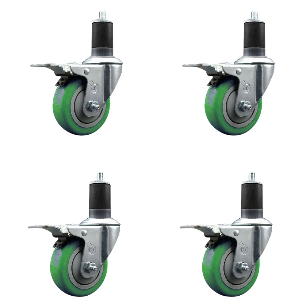 Polyurethane Swivel Expanding Stem Caster Set of 4 with 3.5 Inch Green Wheels and 1-5/8" Stems - Includes 4 Swivel with Total Locking Brakes - 300 lbs. Capacity Per Caster - Service Caster Brand — photo 1