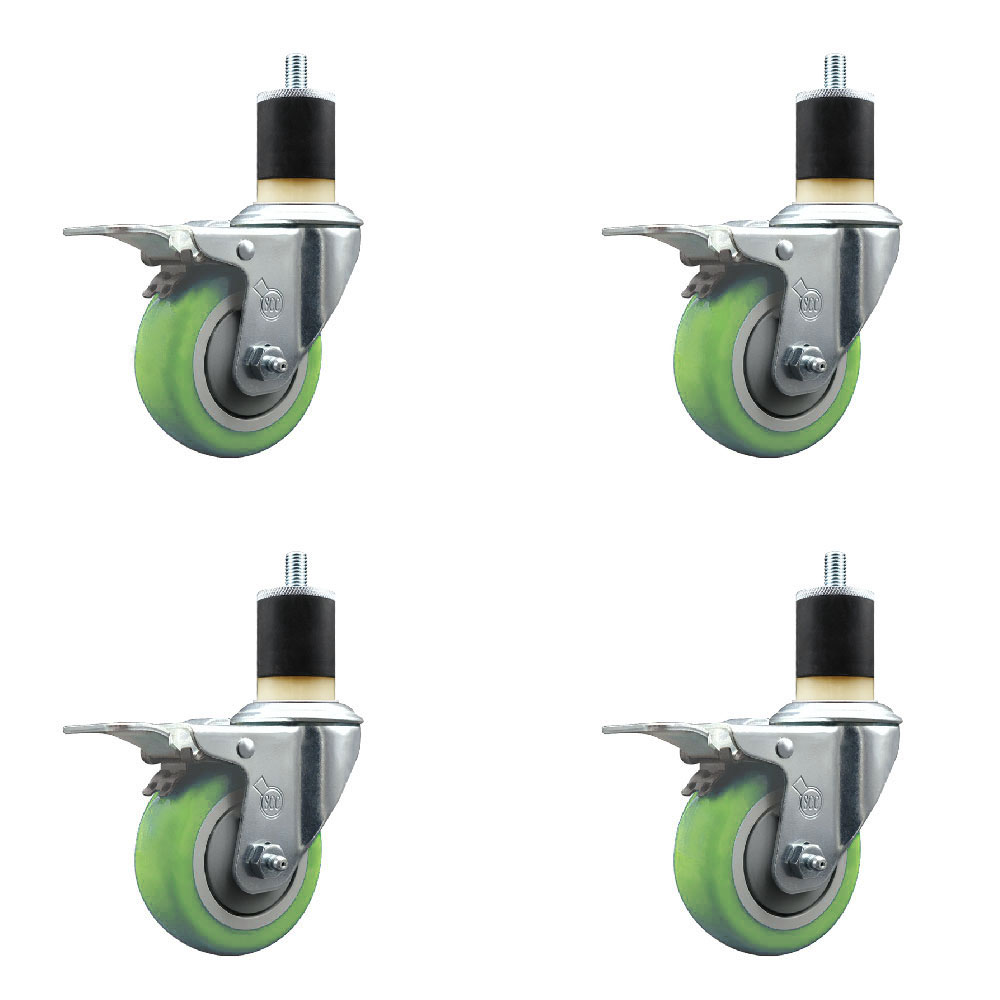 Stainless Steel Polyurethane Swivel Expanding Stem Caster Set of 4 with 3.5 Inch Green Wheel and 1-7/8" Stems-Include 4 Swivel with Total Locking Brake-300lbs. Capacity Per Caster-Service Caster Brand — photo 1