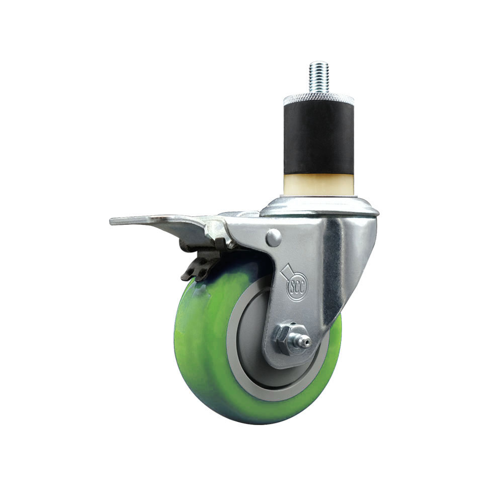 Stainless Steel Polyurethane Expanding Stem Swivel Caster with 3.5 Inch Green Wheel and 1-7/8" Stem & Total Locking Brake - 300 lbs. Capacity Per Caster - Service Caster Brand — photo 1