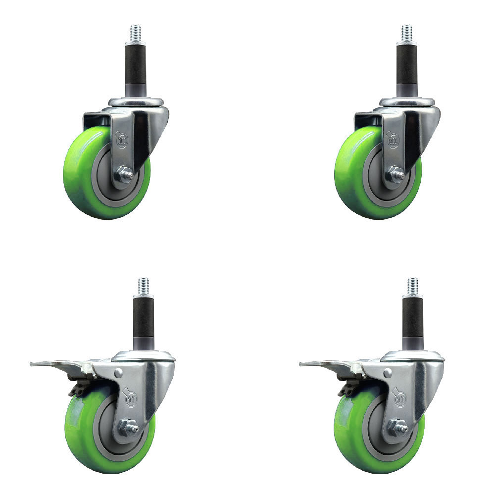 Stainless Steel Polyurethane Swivel Expanding Stem Caster Set of 4 with 3.5 Inch Green Wheels and 1" Stems - Includes 2 with Total Locking Brakes - 1200 lbs Total Capacity - Service Caster Brand — photo 1