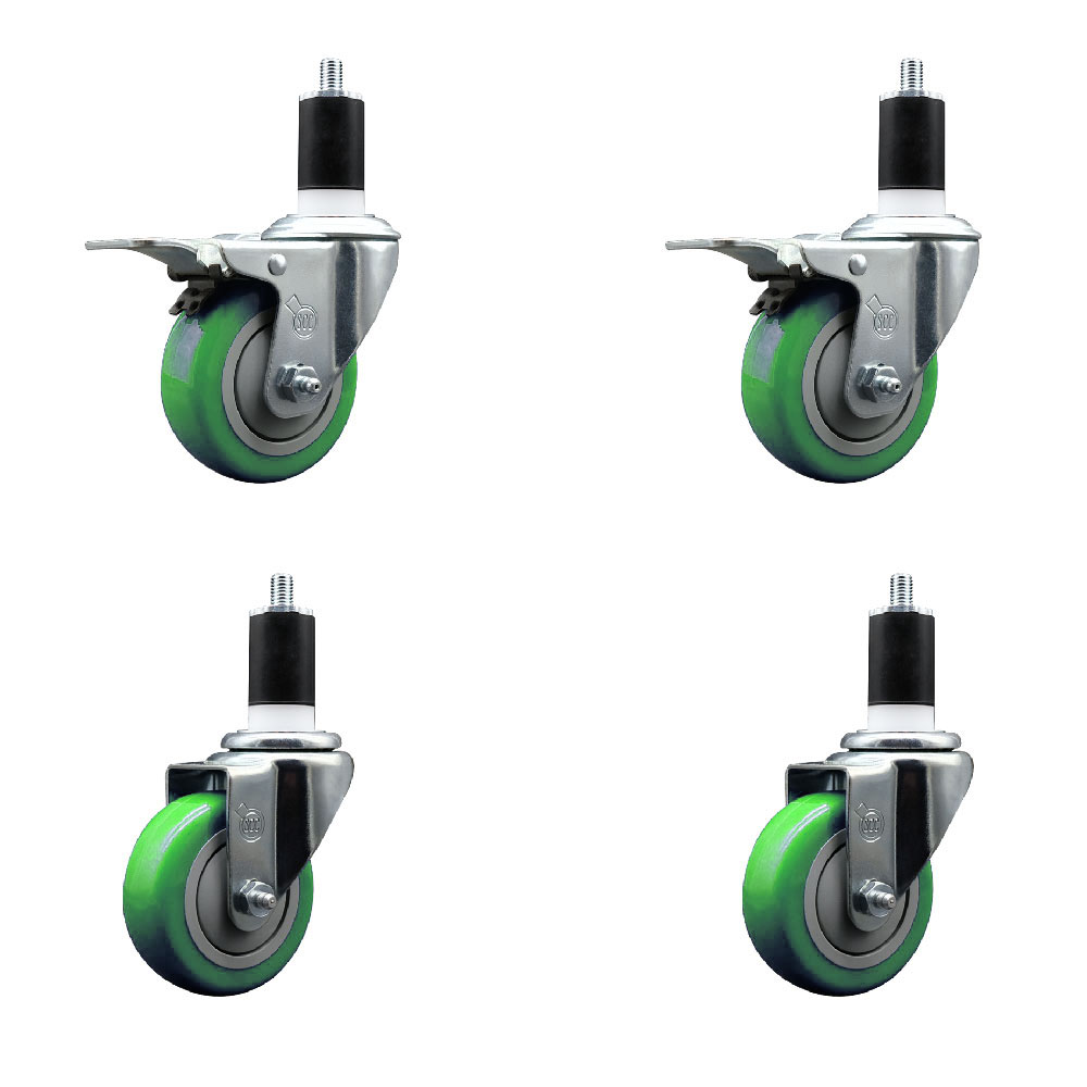 Stainless Steel Polyurethane Swivel Expanding Stem Caster Set of 4 with 3.5 Inch Green Wheels and 1-1/2" Stems - Includes 2 with Total Locking Brakes - 1200 lbs Total Capacity - Service Caster Brand — photo 1