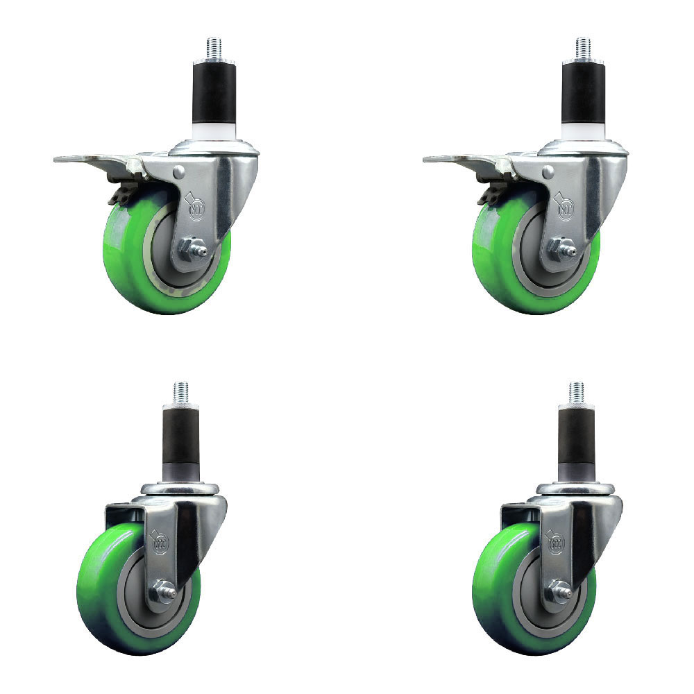 Stainless Steel Polyurethane Swivel Expanding Stem Caster Set of 4 with 3.5 Inch Green Wheels and 1-1/4" Stems - Includes 2 with Total Locking Brakes - 1200 lbs Total Capacity - Service Caster Brand — photo 1
