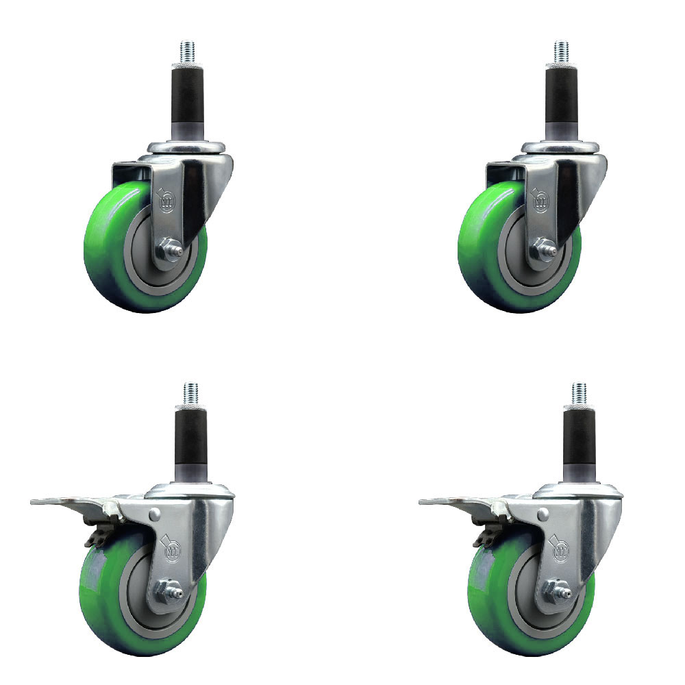 Stainless Steel Polyurethane Swivel Expanding Stem Caster Set of 4 with 3.5 Inch Green Wheels and 1-1/8" Stems - Includes 2 with Total Locking Brakes - 1200 lbs Total Capacity - Service Caster Brand — photo 1