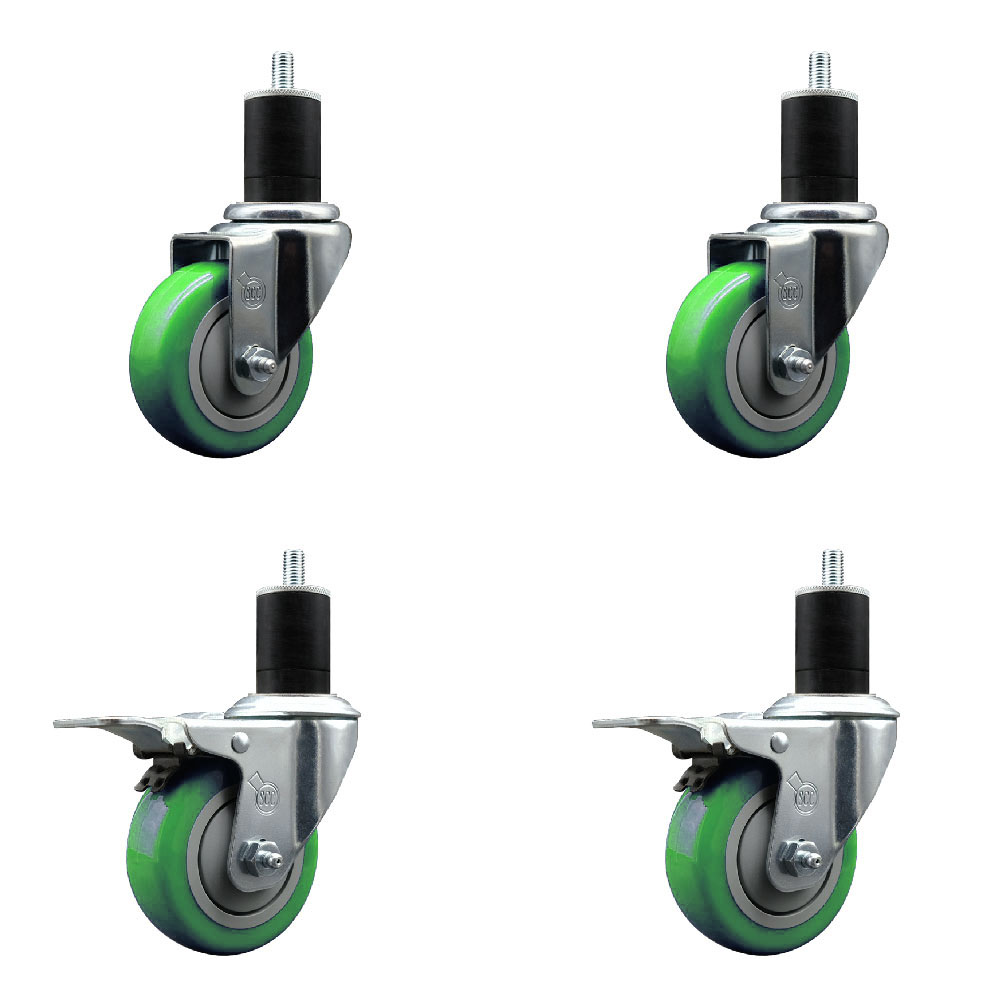 Stainless Steel Polyurethane Swivel Expanding Stem Caster Set of 4 with 3.5 Inch Green Wheels and 1-3/4" Stems - Includes 2 with Total Locking Brakes - 1200 lbs Total Capacity - Service Caster Brand — photo 1