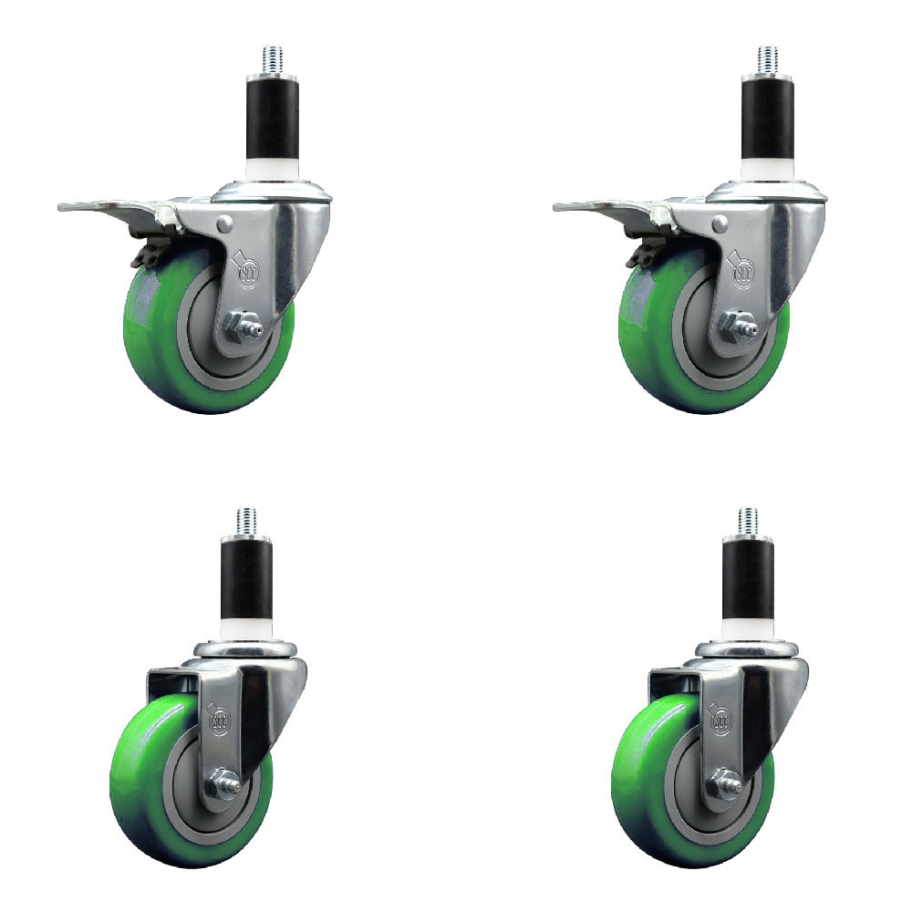 Stainless Steel Polyurethane Swivel Expanding Stem Caster Set of 4 with 3.5 Inch Green Wheels and 1-3/8" Stems - Includes 2 with Total Locking Brakes - 1200 lbs Total Capacity - Service Caster Brand — photo 1