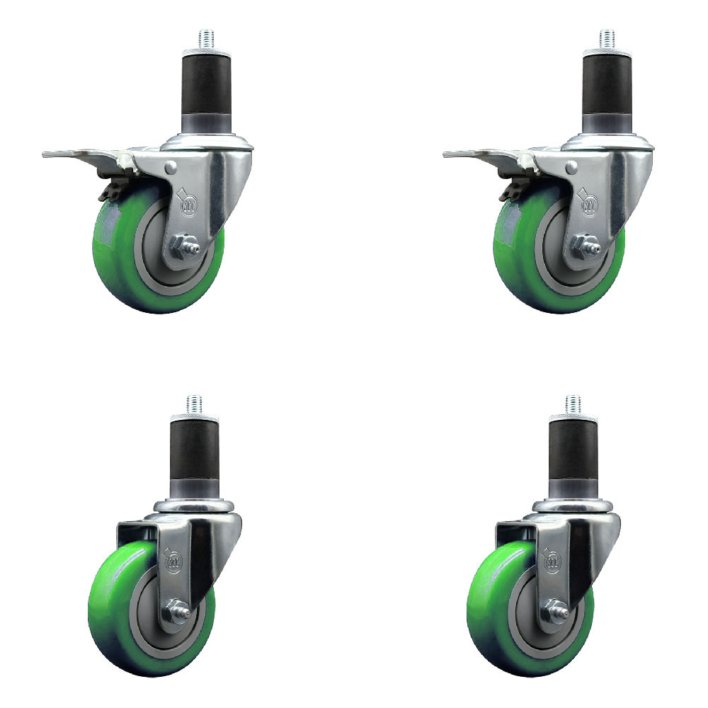 Stainless Steel Polyurethane Swivel Expanding Stem Caster Set of 4 with 3.5 Inch Green Wheels and 1-5/8" Stems - Includes 2 with Total Locking Brakes - 1200 lbs Total Capacity - Service Caster Brand — photo 1