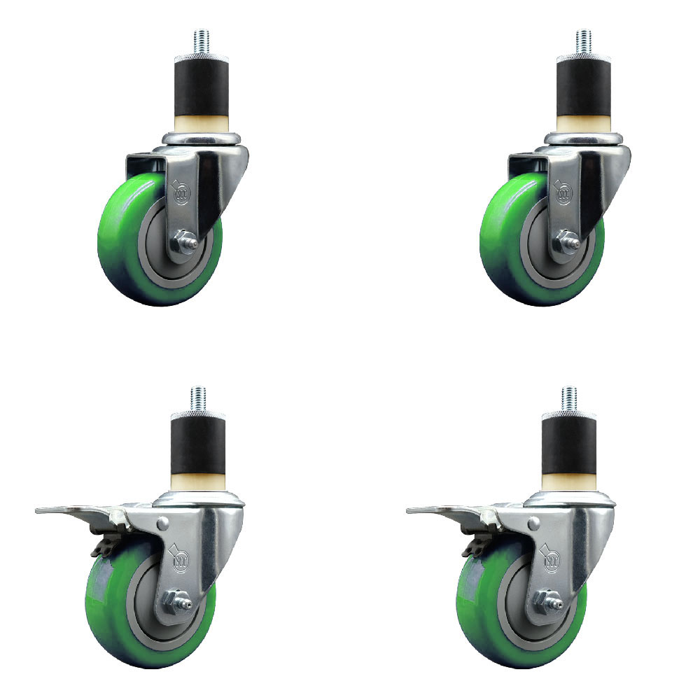 Stainless Steel Polyurethane Swivel Expanding Stem Caster Set of 4 with 3.5 Inch Green Wheels and 1-7/8" Stems - Includes 2 with Total Locking Brakes - 1200 lbs Total Capacity - Service Caster Brand — photo 1