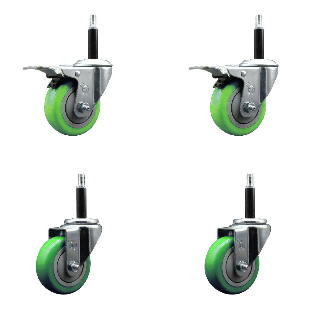 Stainless Steel Polyurethane Swivel Expanding Stem Caster Set of 4 with 3.5 Inch Green Wheels and 3/4" Stems - Includes 2 with Total Locking Brakes - 1200 lbs Total Capacity - Service Caster Brand — photo 1