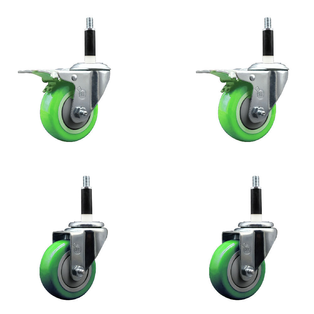 Polyurethane Swivel Expanding Stem Caster Set of 4 with 3.5 Inch Green Wheels and 7/8" Stems - Includes 2 with Total Locking Brakes - 1200 lbs Total Capacity - Service Caster Brand — photo 1