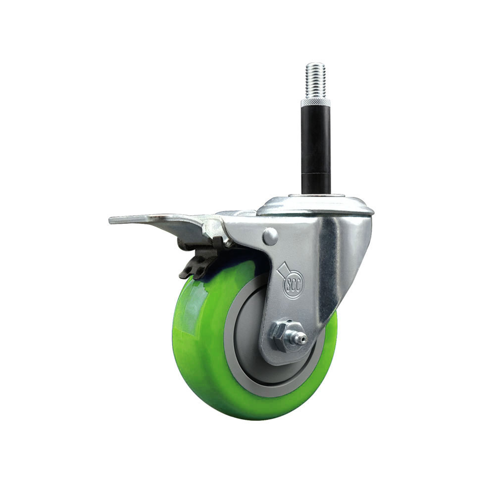 Stainless Steel Polyurethane Expanding Stem Swivel Caster with 3.5 Inch Green Wheel and 3/4" Stem & Total Locking Brake - 300 lbs. Capacity Per Caster - Service Caster Brand — photo 1