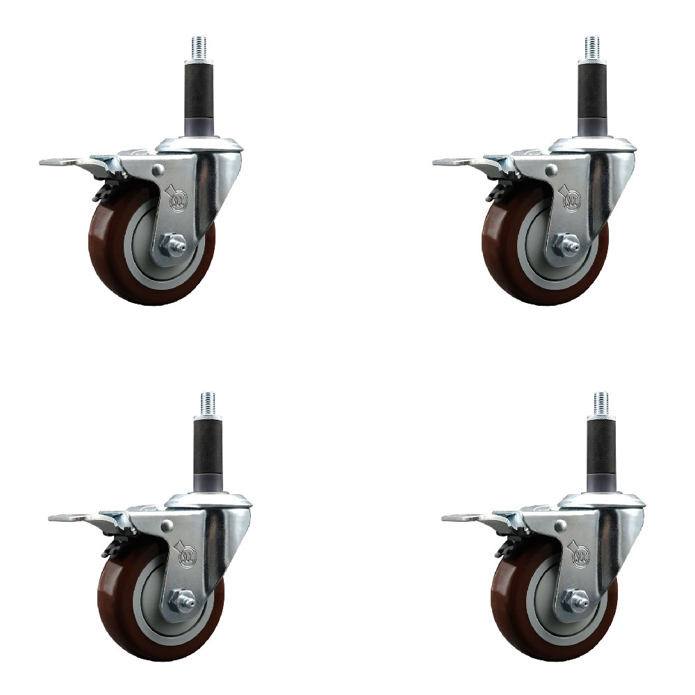 Stainless Steel Polyurethane Swivel Expanding Stem Caster Set of 4 with 3.5 Inch Maroon Wheels and 1" Stems - 4 Swivel with Total Locking Brakes - 300 lbs. Capacity Per Caster - Service Caster Brand — photo 1