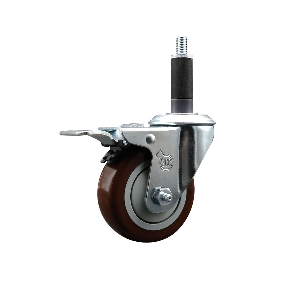 Polyurethane Expanding Stem Swivel Caster with 3.5 Inch Maroon Wheel and 1" Stem & Total Locking Brake - 300 lbs. Capacity Per Caster - Service Caster Brand — photo 1