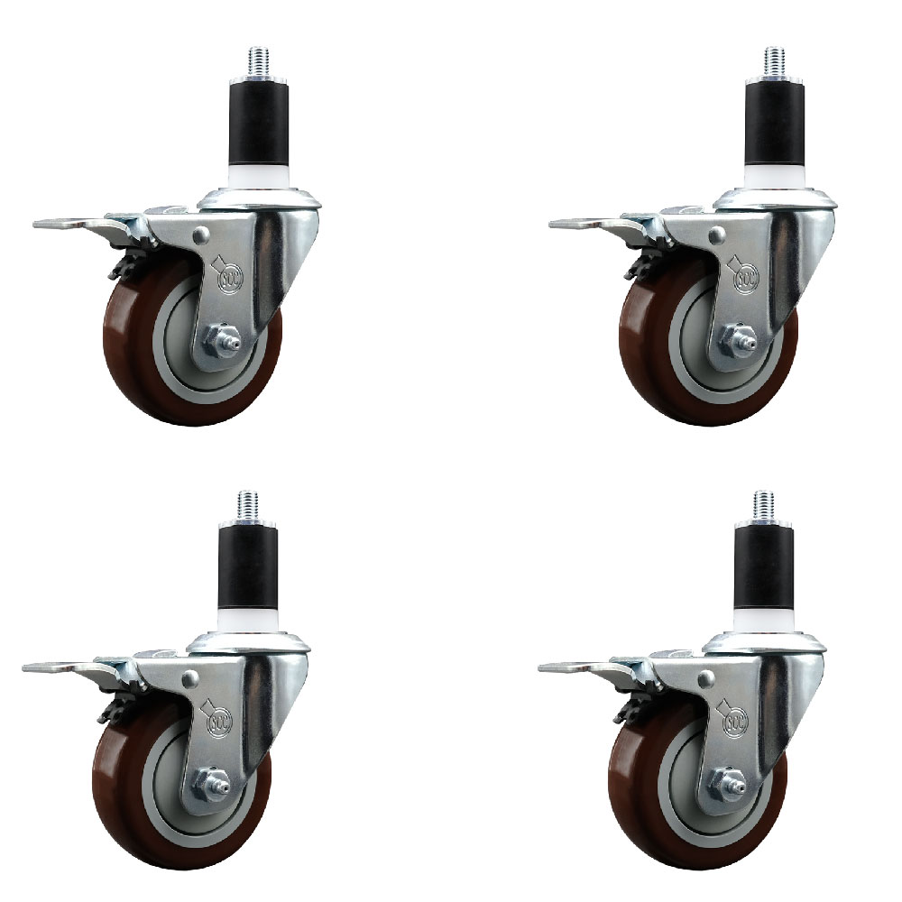 Polyurethane Swivel Expanding Stem Caster Set of 4 with 3.5 Inch Maroon Wheels and 1-1/2" Stems - Includes 4 Swivel with Total Locking Brakes - 300 lbs. Capacity Per Caster - Service Caster Brand — photo 1