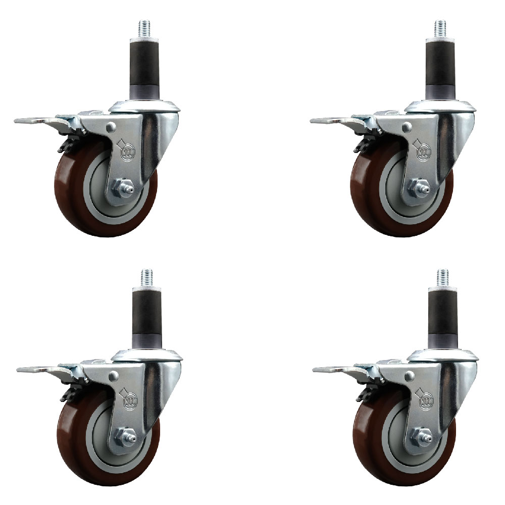 Stainless Steel Polyurethane Swivel Expanding Stem Caster Set of 4 with 3.5 Inch Maroon Wheels and 1-1/4" Stems-4 Swivel with Total Locking Brakes-300 lbs. Capacity Per Caster-Service Caster Brand — photo 1