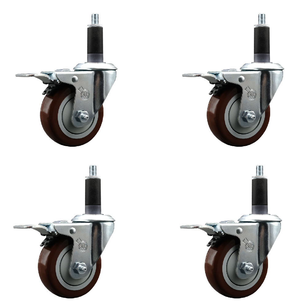 Stainless Steel Polyurethane Swivel Expanding Stem Caster Set of 4 with 3.5 Inch Maroon Wheels and 1-1/8" Stems-4 Swivel with Total Locking Brakes-300 lbs. Capacity Per Caster-Service Caster Brand — photo 1