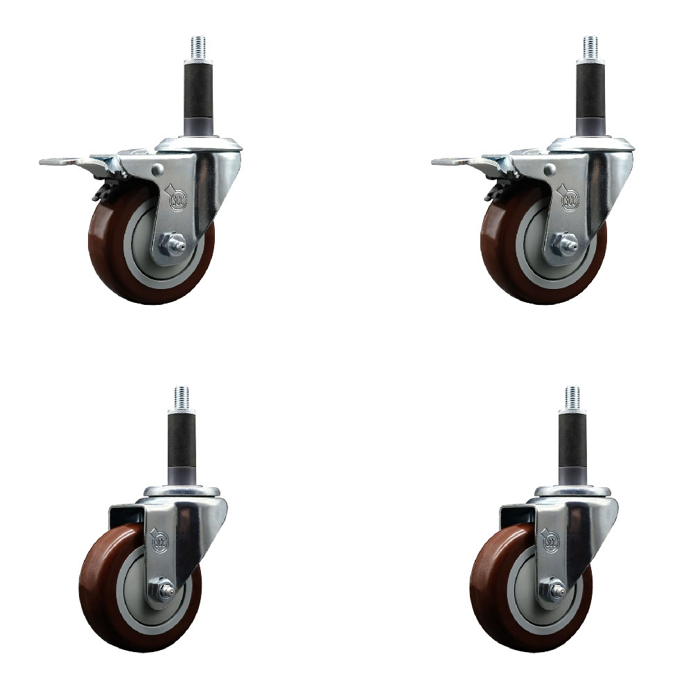 Stainless Steel Polyurethane Swivel Expanding Stem Caster Set of 4 with 3.5 Inch Maroon Wheels and 1" Stems - Includes 2 with Total Locking Brakes - 1200 lbs Total Capacity - Service Caster Brand — photo 1