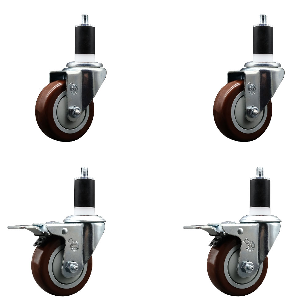 Polyurethane Swivel Expanding Stem Caster Set of 4 with 3.5 Inch Maroon Wheels and 1-1/2" Stems - Includes 2 with Total Locking Brakes - 1200 lbs Total Capacity - Service Caster Brand — photo 1