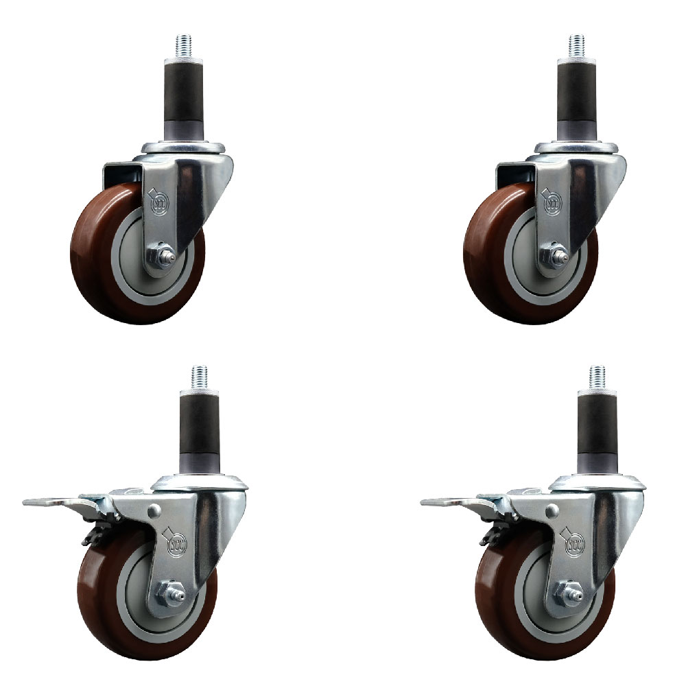 Polyurethane Swivel Expanding Stem Caster Set of 4 with 3.5 Inch Maroon Wheels and 1-1/4" Stems - Includes 2 with Total Locking Brakes - 1200 lbs Total Capacity - Service Caster Brand — photo 1
