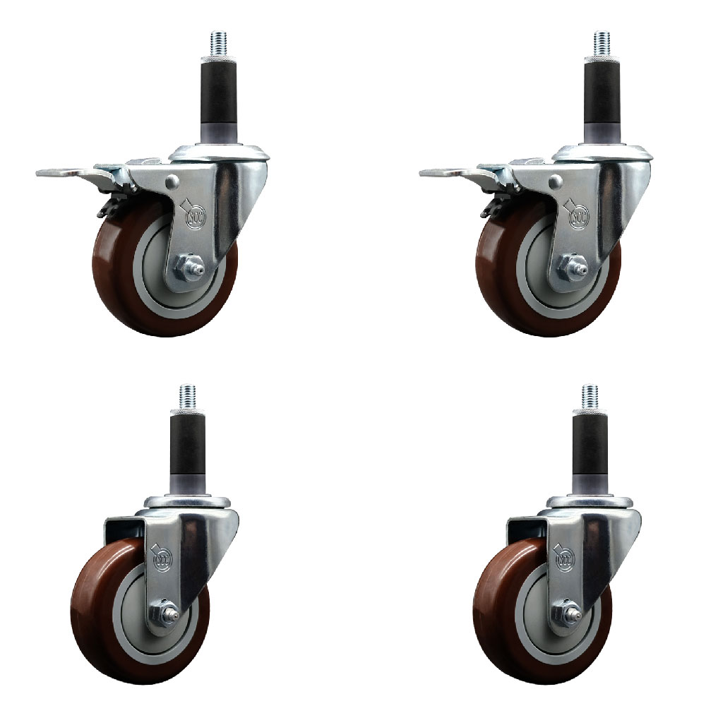 Stainless Steel Polyurethane Swivel Expanding Stem Caster Set of 4 with 3.5 Inch Maroon Wheels and 1-1/8" Stems - Includes 2 with Total Locking Brakes - 1200 lbs Total Capacity - Service Caster Brand — photo 1