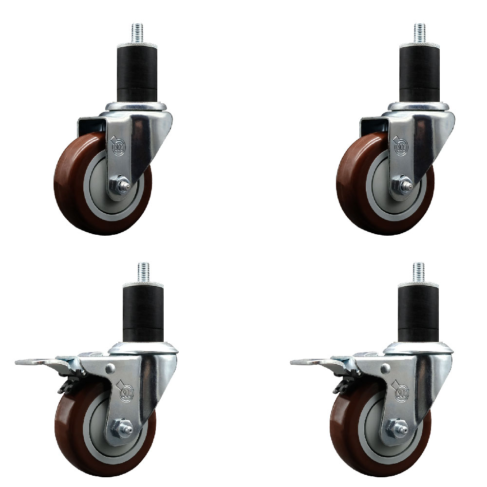 Polyurethane Swivel Expanding Stem Caster Set of 4 with 3.5 Inch Maroon Wheels and 1-3/4" Stems - Includes 2 with Total Locking Brakes - 1200 lbs Total Capacity - Service Caster Brand — photo 1